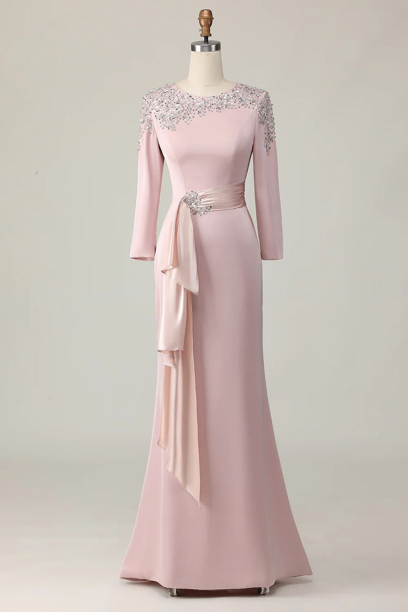 Sheath Blush Long Lace Mother Of The Bride Dress with Sleeves-Pgmdress