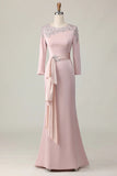 Sheath Blush Long Lace Mother Of The Bride Dress with Sleeves