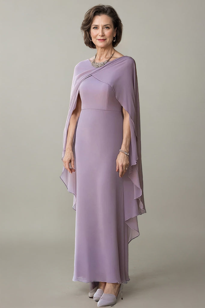 Sheath Chiffon Lilac Mother of the Bride Dress with Cape Sleeves-Pgmdress