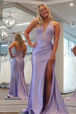 Sheath Deep V-neck Lavender Long Prom Dress With Split PSK686