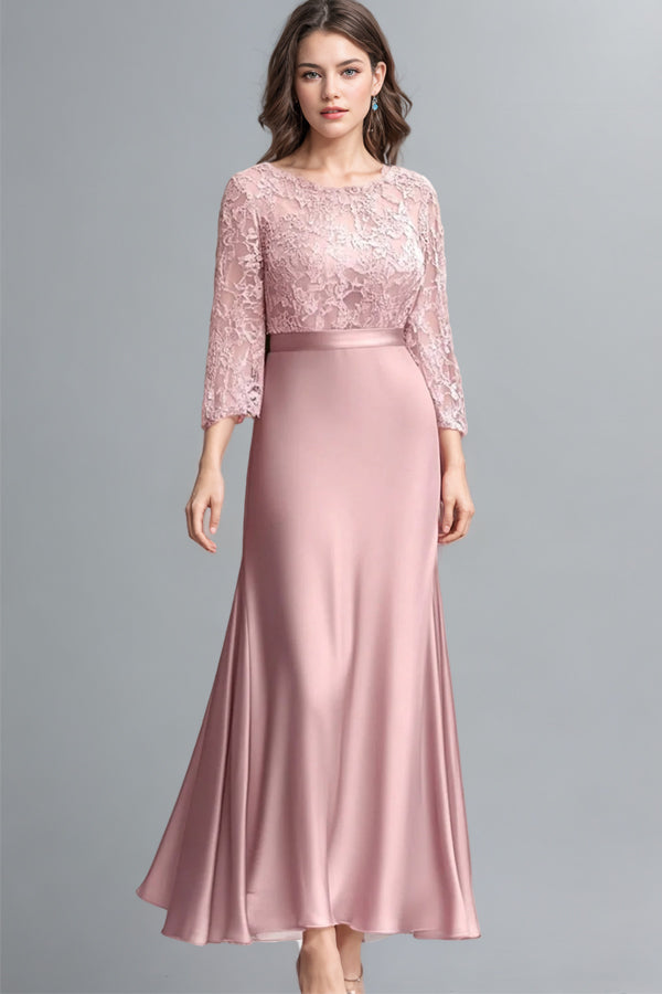 Sheath Lace Ruched Long Sleeves Pink Mother of the Bride Dress-Pgmdress