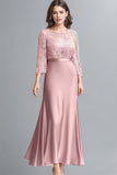 Sheath Lace Ruched Long Sleeves Pink Mother of the Bride Dress-Pgmdress