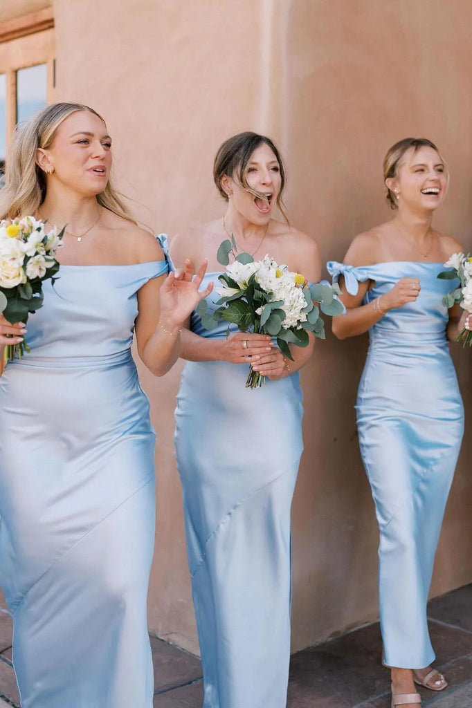 Sheath Off the Shoulder Light Blue Bridesmaid Dress