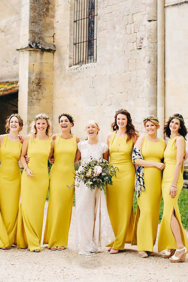 Sheath Open Back Floor-Length Yellow Bridesmaid Dress with Split-Pgmdress