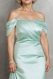 Sheath Satin Off the Shoulder Mint Long Mother of the Bride Dress-Pgmdress