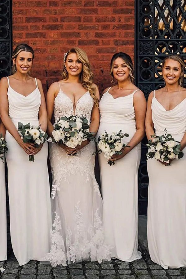 Sheath Spaghetti Strap Draped Long Bridesmaid Dress BD130-Pgmdress