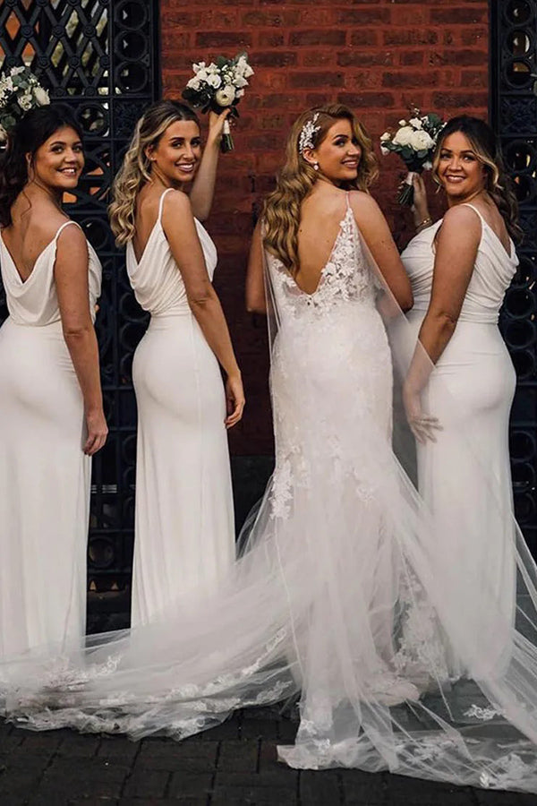 Sheath Spaghetti Strap Draped Long Bridesmaid Dress BD130-Pgmdress