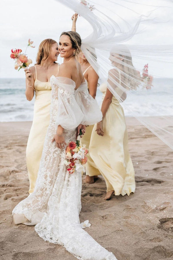 Sheath Spaghetti Straps Long Yellow Bridesmaid Dress BD132-Pgmdress