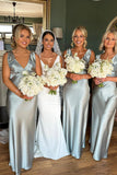Sheath V Neck Silver Long Bridesmaid Dress With Bowknot