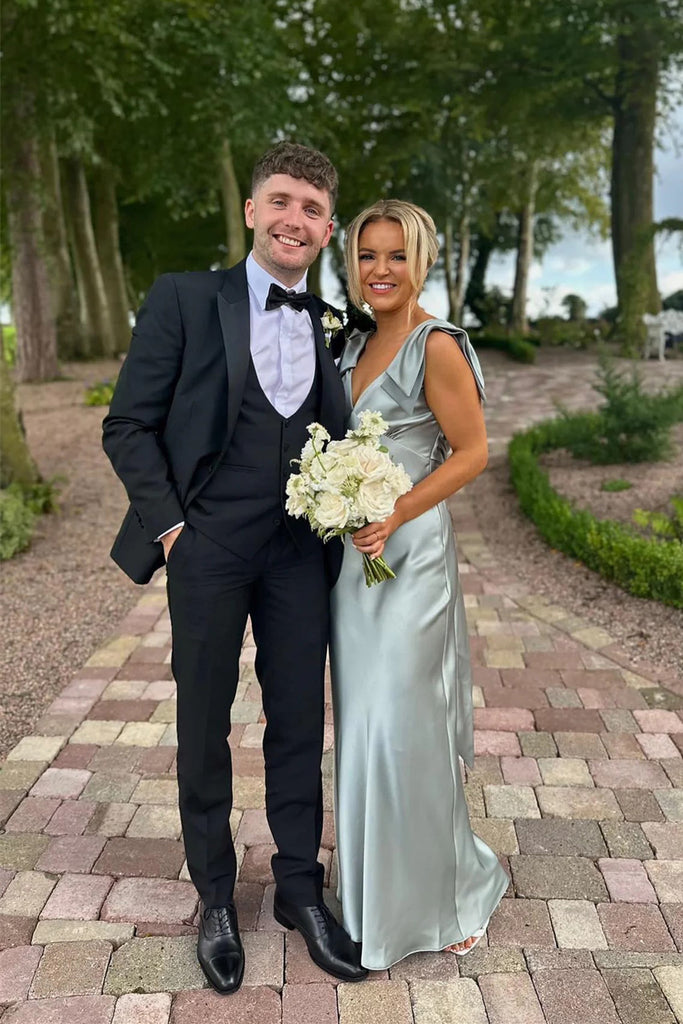 Sheath V Neck Silver Long Bridesmaid Dress With Bowknot-Pgmdress