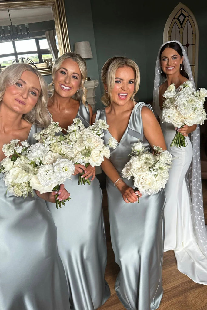 Sheath V Neck Silver Long Bridesmaid Dress With Bowknot-Pgmdress