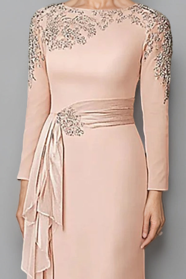 Sheath Blush Long Sleeve Mother Of The Bride Dress With Beading-Pgmdress