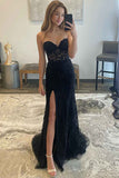 Sheath Lace Strapless Black Corset Long Prom Dress with Slit PSK605-Pgmdress