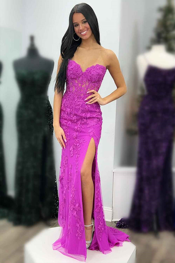 Sheath Lace Strapless Black Corset Long Prom Dress with Slit PSK605-Pgmdress