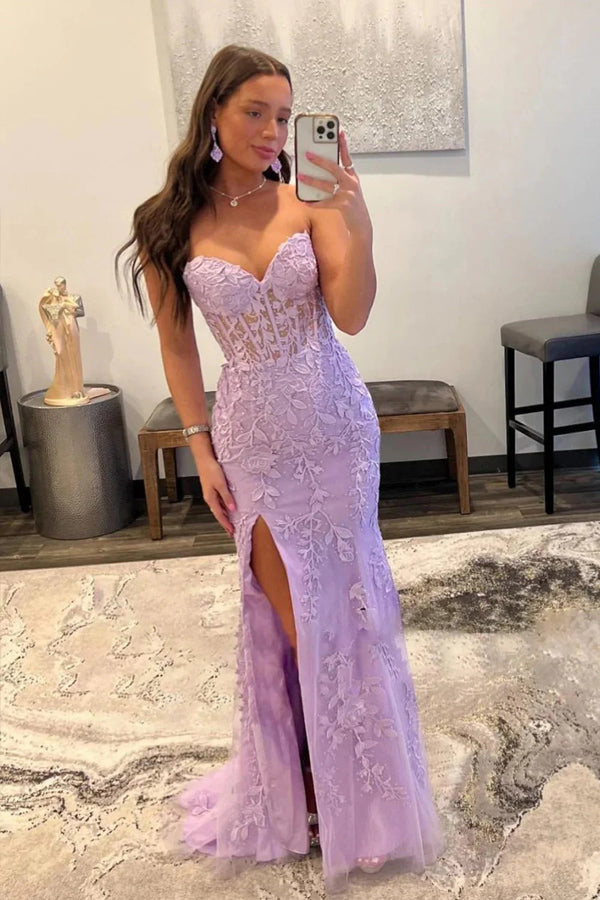 Sheath Lace Strapless Black Corset Long Prom Dress with Slit PSK605 US4 / Lilac Sheath Lace Strapless Black Corset Long Prom Dress with Slit PSK605 US4 / Lilac
