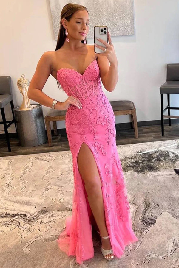 Sheath Lace Strapless Black Corset Long Prom Dress with Slit PSK605 - US0 / Pink Sheath Lace Strapless Black Corset Long Prom Dress with Slit PSK605 - US0 / Pink