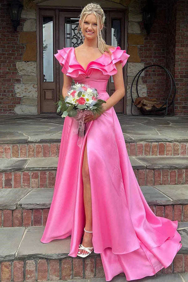 Silky Satin V Neck Ruffles Hot Pink Prom Dresses Formal Dresses PSK542 US8 / Hot Pink Silky Satin V Neck Ruffles Hot Pink Prom Dresses Formal Dresses PSK542 US8 / Hot Pink