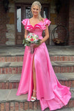 Robe de soirée en satin soyeux à volants et col en V rose vif PSK542