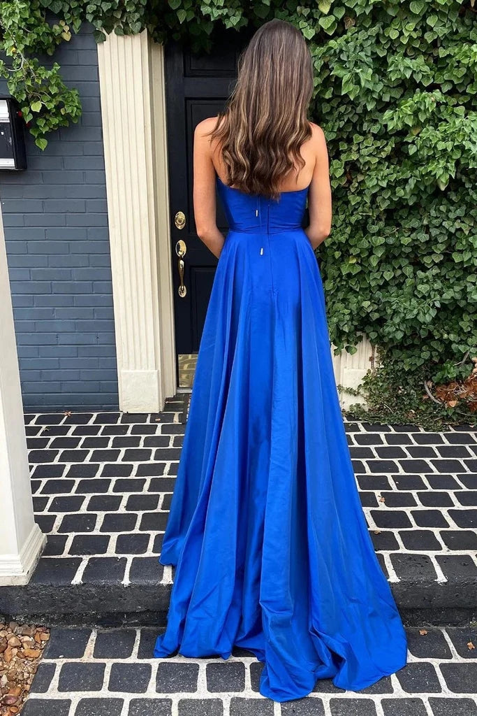 Robe de bal longue bleu royal simple à col en V profond et fente PSK466