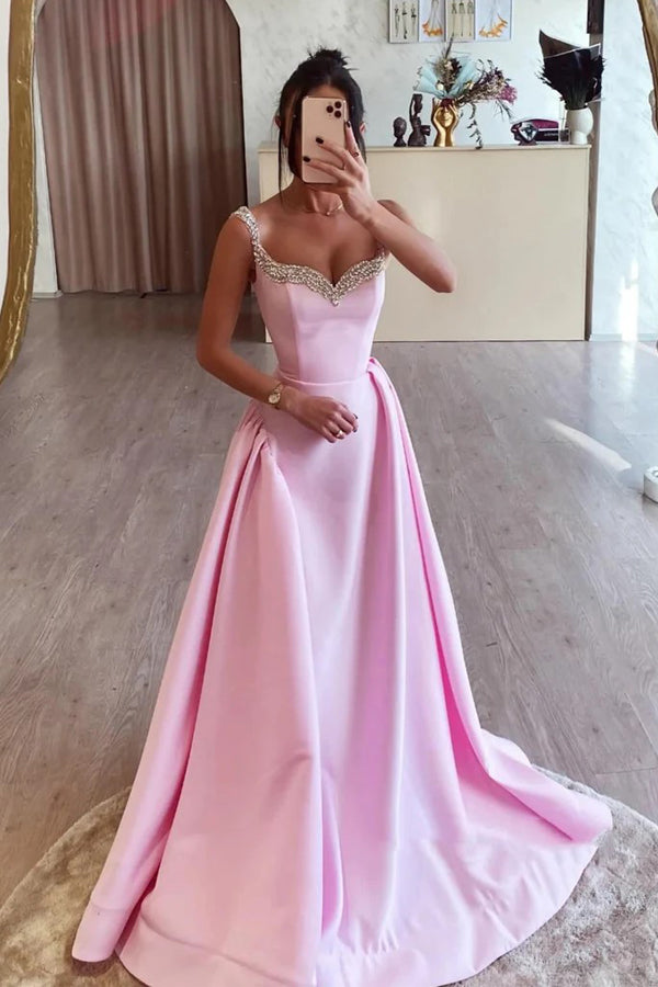 Simple A Line Satin Pink Long Prom Dress with Beadings PSK562