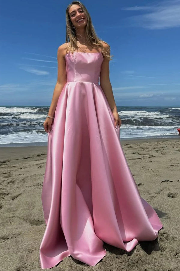 Simple Satin Spaghetti Straps Pleated Square Neck Prom Dress PSK635 US16 / Pink Simple Satin Spaghetti Straps Pleated Square Neck Prom Dress PSK635 US16 / Pink