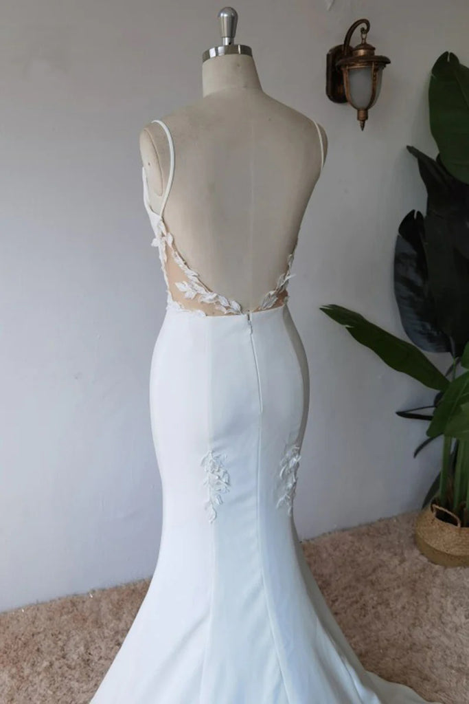 Simple Spaghetti Straps Satin Mermaid Modest Wedding Dress WD672-Pgmdress