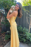 Simple Spaghetti Straps Satin Yellow Long Prom Formal Dress PSK594-Pgmdress