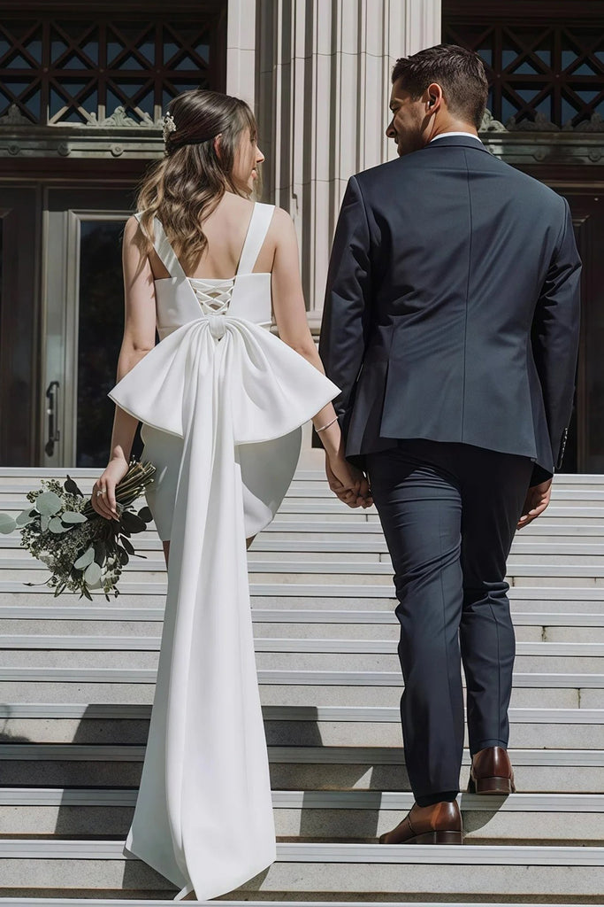 Einfaches Brautkleid Elfenbein Satin Kurzes Hochzeitskleid mit Schleife hinten WD727