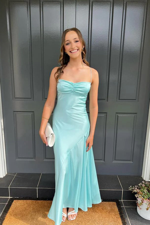 Simple Spaghetti Straps Satin Yellow Long Prom Dress PSK594 Custom Size / Aqua