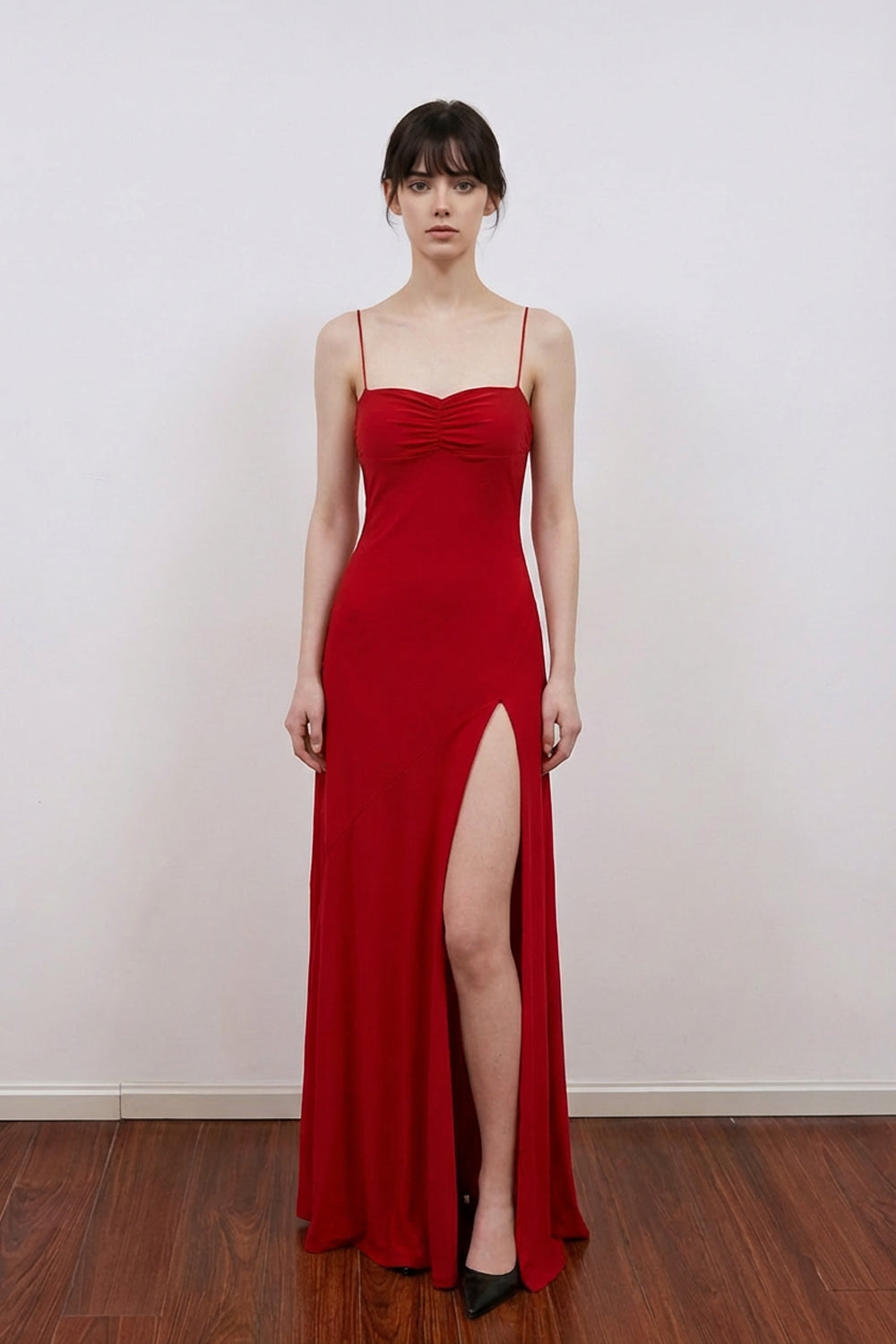 yellow red dress Simple Spaghetti Straps Satin Yellow Long Prom Dress PSK594 US6 / Red