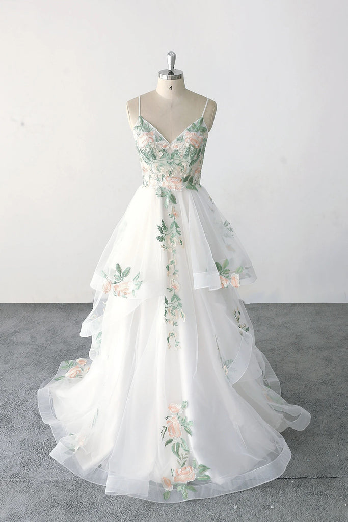 Spaghetti Strap Green Lace Forest Wedding Dress Fairy Bridal Gown-Pgmdress