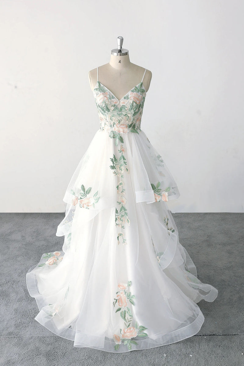 Spaghetti Strap Green Lace Forest Wedding Dress Fairy Bridal Gown-Pgmdress