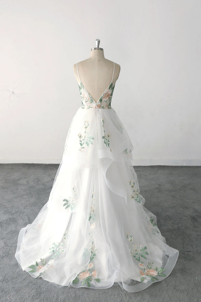 Spaghetti Strap Green Lace Forest Wedding Dress Fairy Bridal Gown-Pgmdress