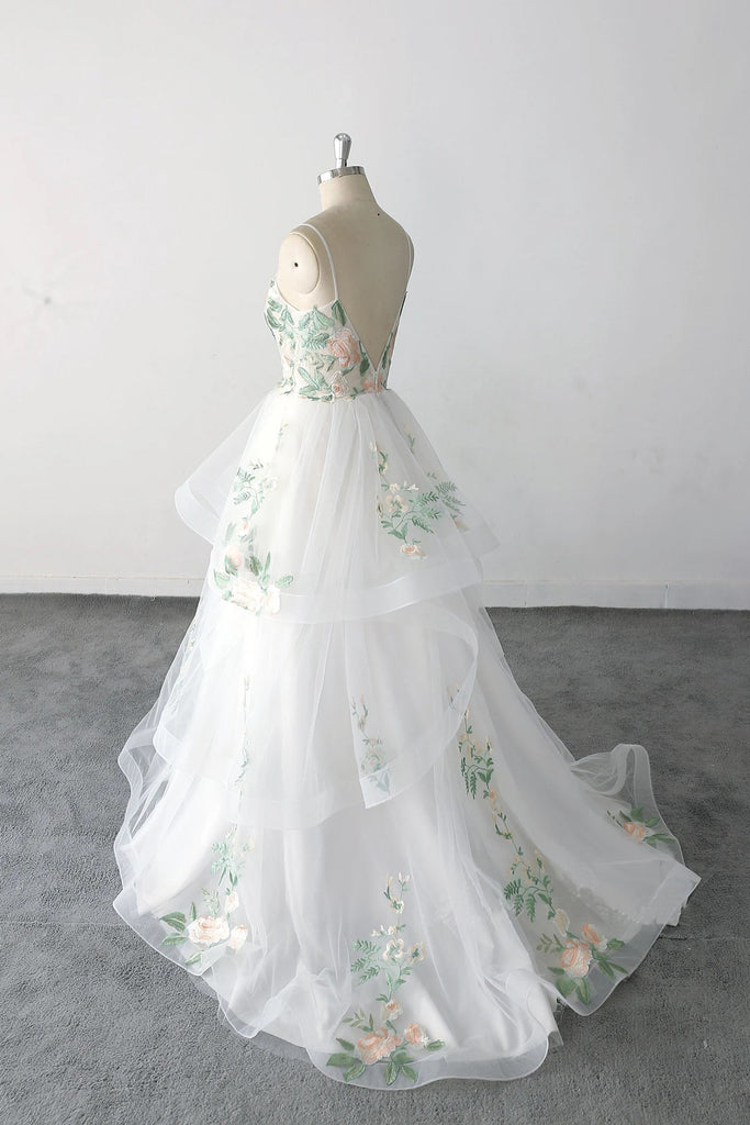 Spaghetti Strap Green Lace Forest Wedding Dress Fairy Bridal Gown-Pgmdress