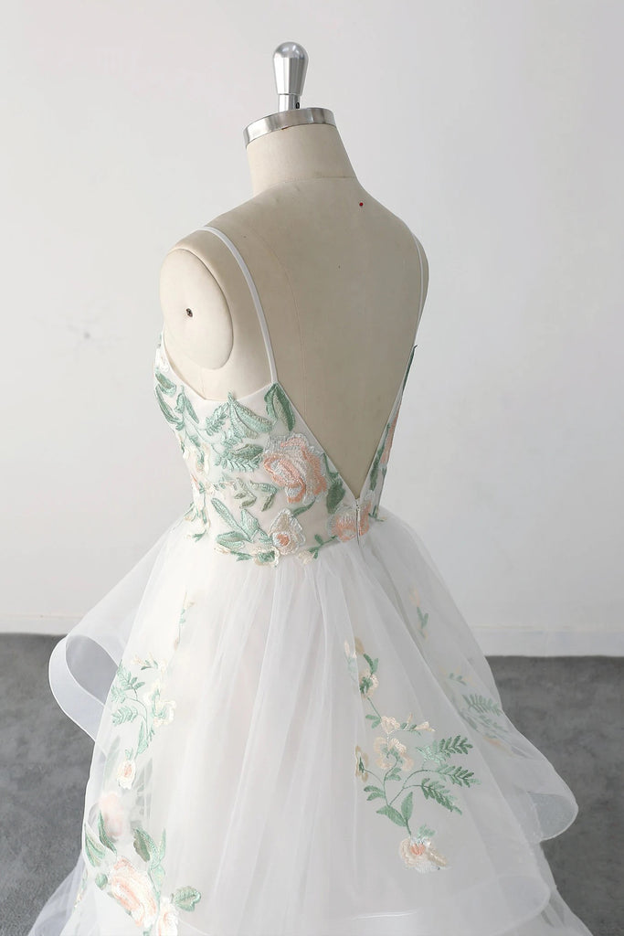 Spaghetti Strap Green Lace Forest Wedding Dress Fairy Bridal Gown-Pgmdress
