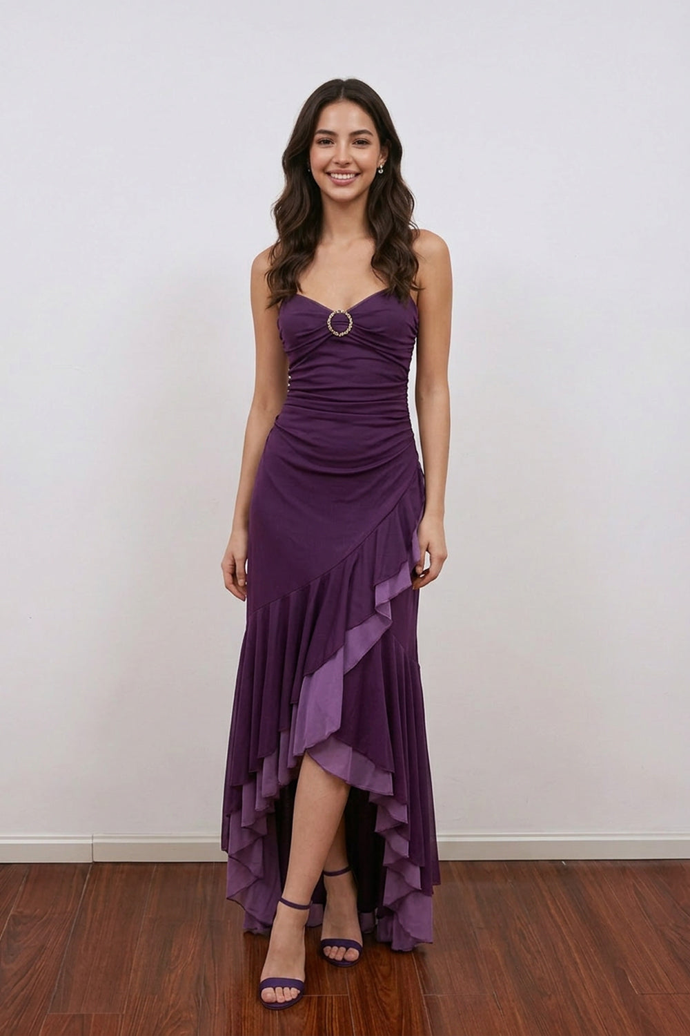 dark purple spaghetti strap dress Glitter Purple Spaghetti Straps Wedding Guest Dress with Split