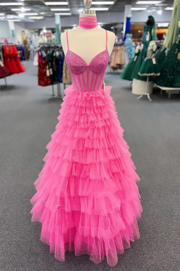 Spaghetti Strap Tiered Beaded Hot Pink Long Prom Dress PSK578-Pgmdress