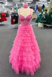 Spaghetti Strap Tiered Beaded Hot Pink Long Prom Dress PSK578-Pgmdress
