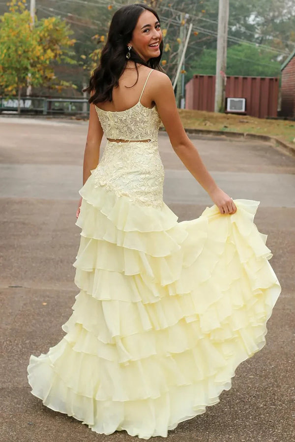 Spaghetti Straps A-Line Layered Yellow Prom Dress with Slit PSK616-Pgmdress