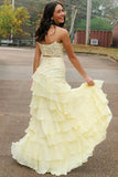 Spaghetti Straps A-Line Layered Yellow Prom Dress with Slit PSK616-Pgmdress