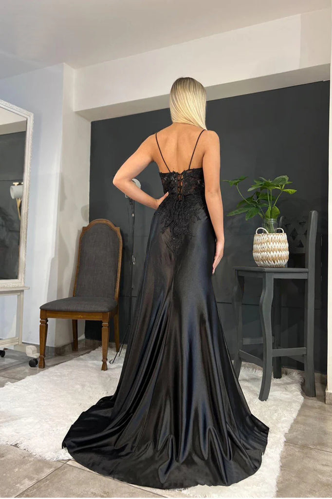 Spaghetti Straps Appliques Side Split Black Long Prom Dress  PSK440-Pgmdress