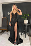 Spaghetti Straps Appliques Side Split Black Long Prom Dress  PSK440-Pgmdress