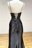 Spaghetti Straps Appliques Side Split Black Long Prom Dress  PSK440-Pgmdress