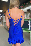 Spaghetti Straps Beaded Royal Blue Homecoming Dress Party Dress