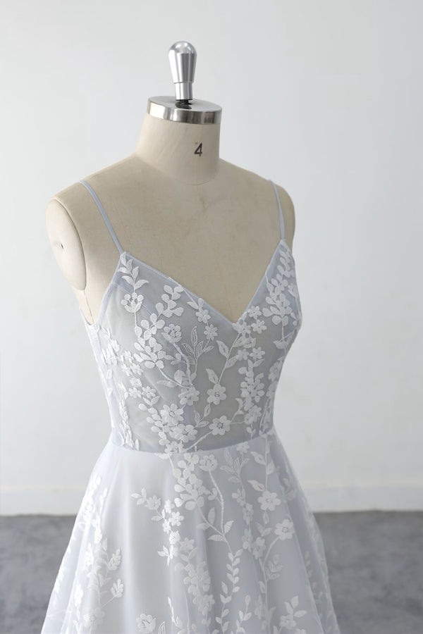 Spaghetti Straps Floral Lace Light Dusty Blue Tulle Wedding Dress-Pgmdress