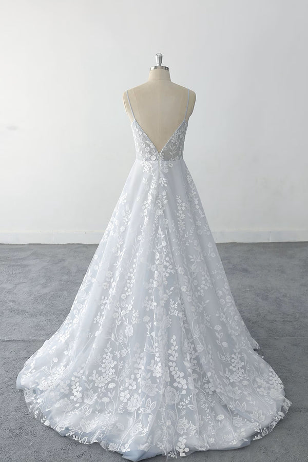 Spaghetti Straps Floral Lace Light Dusty Blue Tulle Wedding Dress-Pgmdress