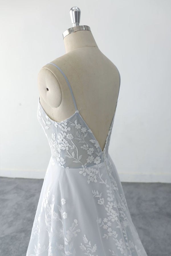Spaghetti Straps Floral Lace Light Dusty Blue Tulle Wedding Dress-Pgmdress