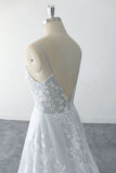 Spaghetti Straps Floral Lace Light Dusty Blue Tulle Wedding Dress-Pgmdress
