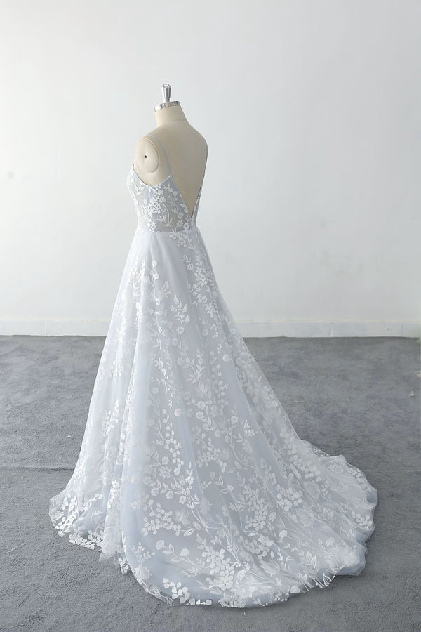 Spaghetti Straps Floral Lace Light Dusty Blue Tulle Wedding Dress-Pgmdress