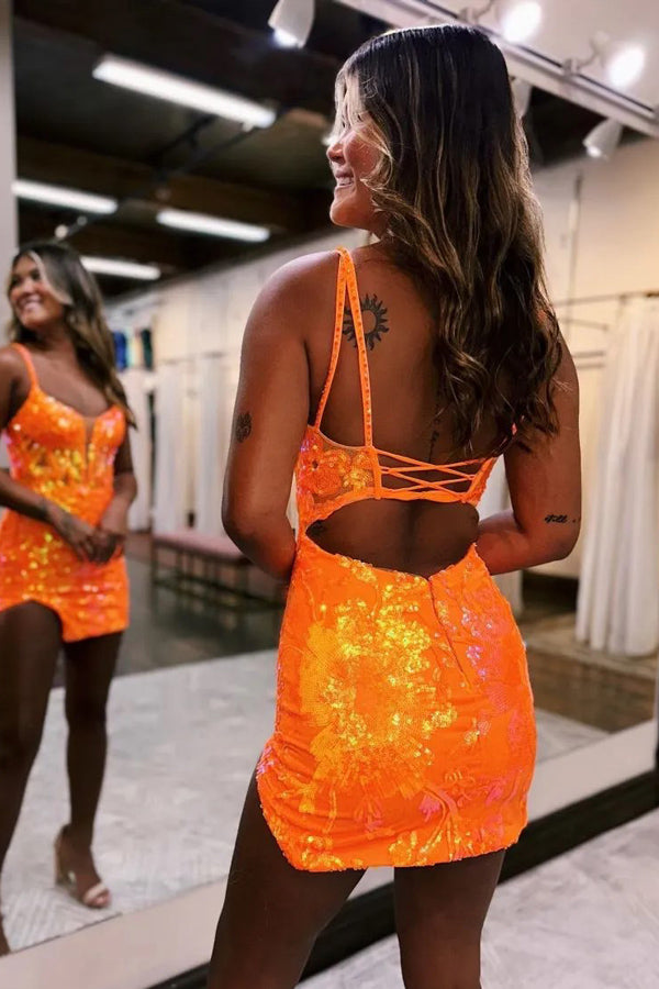 Spaghetti Straps Tight Orange Homecoming Dress Short Prom Dress PD525-Pgmdress